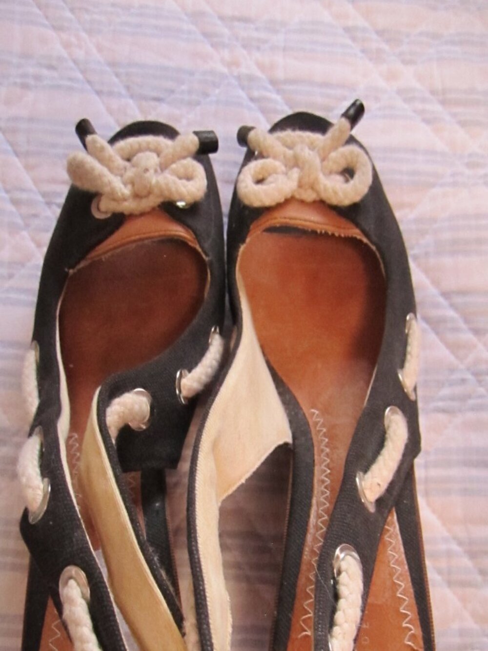Sperry Black and Cream Rope-Trim Wedge Flats
